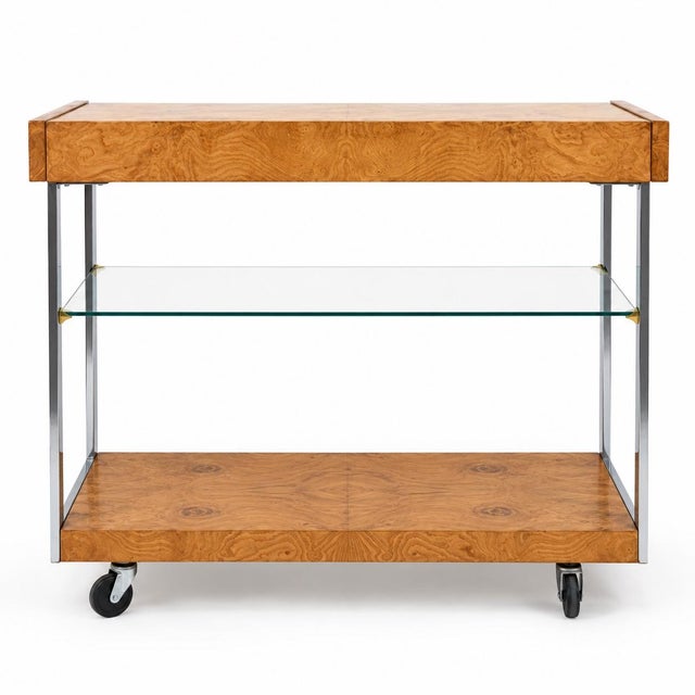Modern 1970s Modern Extendable Burl Olivewood & Chrome Bar Cart Att. Milo Baughman For Sale - Image 3 of 4