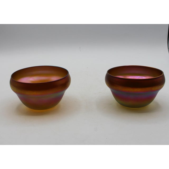 Circa 1910 American Set of Four Quezel Iridescent Gold Art Glass Finger Bowls and Undertrays For Sale - Image 12 of 13