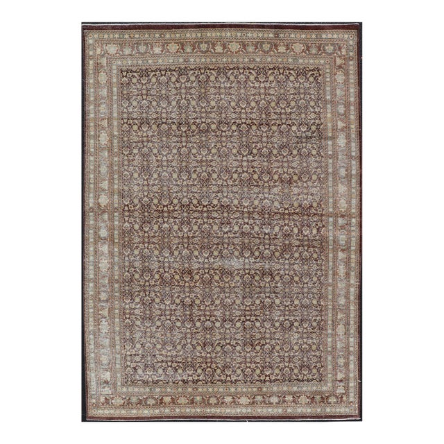 Early 20th Century Persian Tabriz Antique Rug in Herati Design in Dark Arginine Blue and Tan For Sale