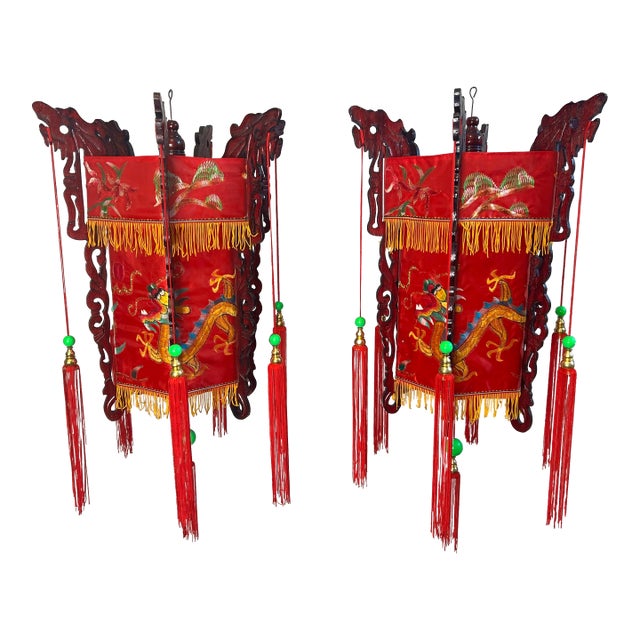 Vintage Mid 20th Century Red Chinese Palace Lanterns With Embroidered Dragons and Tassels - a Pair For Sale