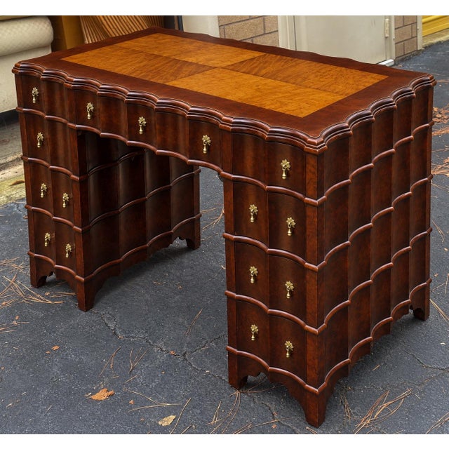 Hollywood Regency Scalloped Mahogany Faux Tortoise Kneehole Desk / Vanity For Sale - Image 4 of 7