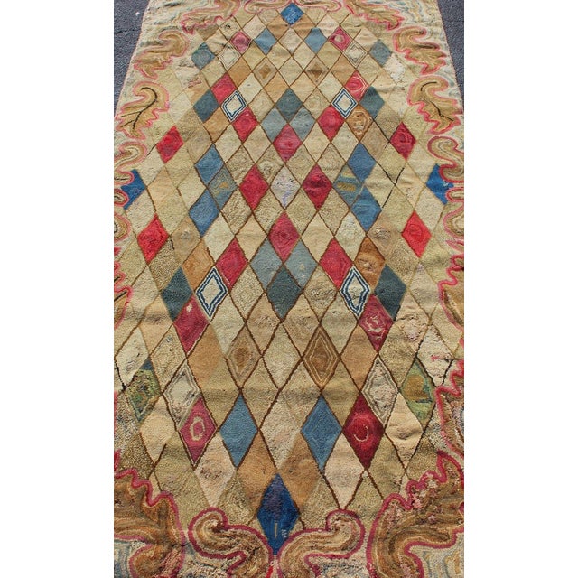 Colorful 19th Century Antique American Hooked Rug With Diamond Design 4'1 X 8'8 For Sale In Atlanta - Image 6 of 11