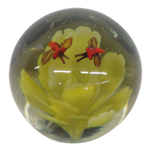 Silvestri Handcrafted Art Glass Paperweight Orange Bugs on a Yellow Flower 4516b