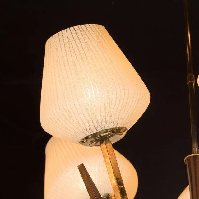 1960s Mid-Century Modernist Chandelier in Ebonized Walnut, Brass, and Textured Glass For Sale - Image 5 of 9