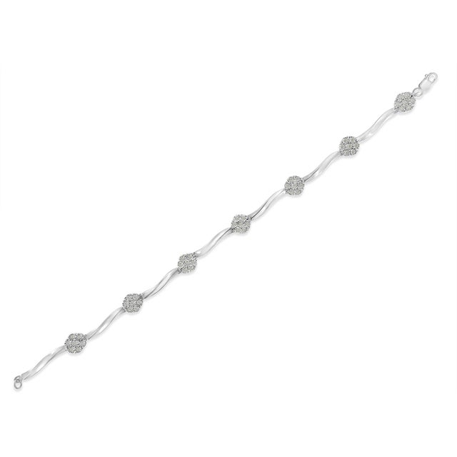 Haus of Brilliance .925 Sterling Silver 1.0 Cttw Diamond Cluster Miracle-Set Station & Twisted Bar 7" Tennis Bracelet (H-I Color, I1-I2 Clarity) For Sale - Image 4 of 6