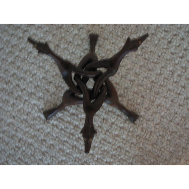 Boho Chic Hand‑Carved Hardwood Interlocking Serpent Tripod Stand For Sale - Image 3 of 5