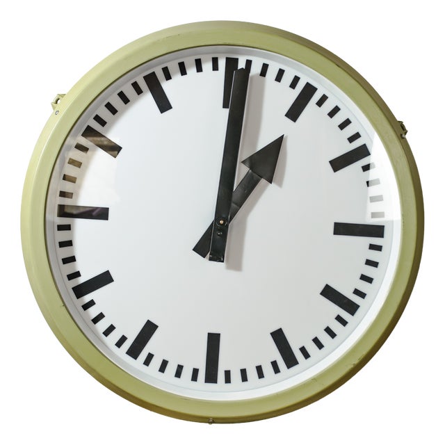 Double-Faced Illuminated Railway Station Clock with Green Quartz Conversion from RFT, Germany, 1950s For Sale