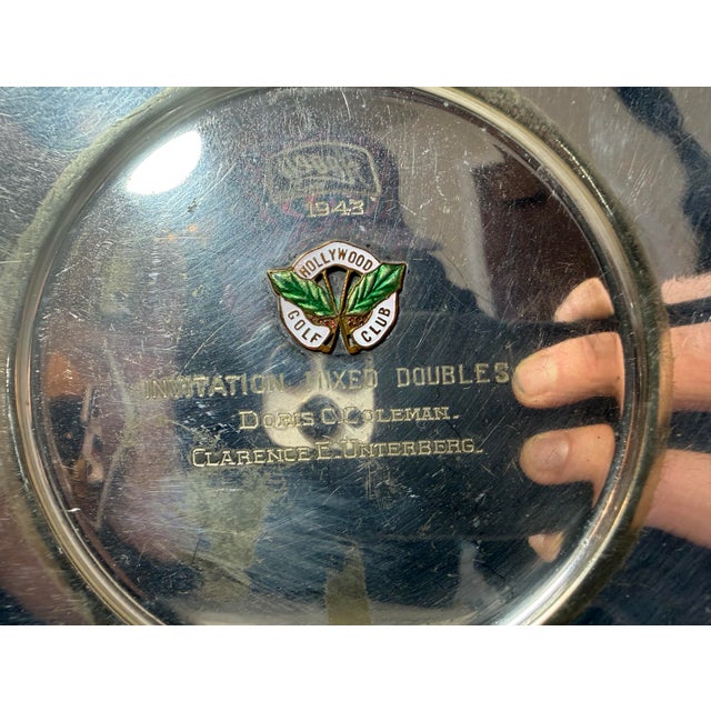 Poole Silver Co. Vintage 1943 Art Nouveau Hollywood Gold Club Mixed Doubles Silveplate Trophy Charger Plate For Sale - Image 4 of 12