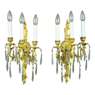 Mid 20th Century Restored French Gold Gilded Bronze & Crystal 3 Arm Wall Sconces - a Pair For Sale