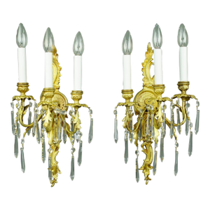 Mid 20th Century Restored French Gold Gilded Bronze & Crystal 3 Arm Wall Sconces - a Pair