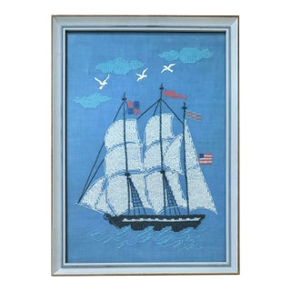1980s Vintage Original Blue Nautical Ship Cross Stitch, Framed For Sale