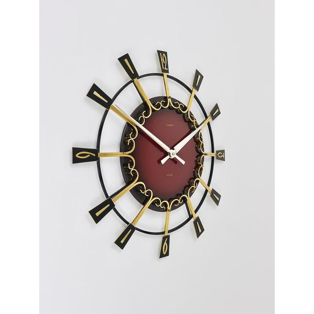 1950s Large Mid-Century Brutalist Junghans Sunburst Wall Clock in Brass, Germany, 1950s For Sale - Image 5 of 16