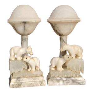 Early 20th Century Italian Art Deco Carved Alabaster Polar Bear Lamps Pair