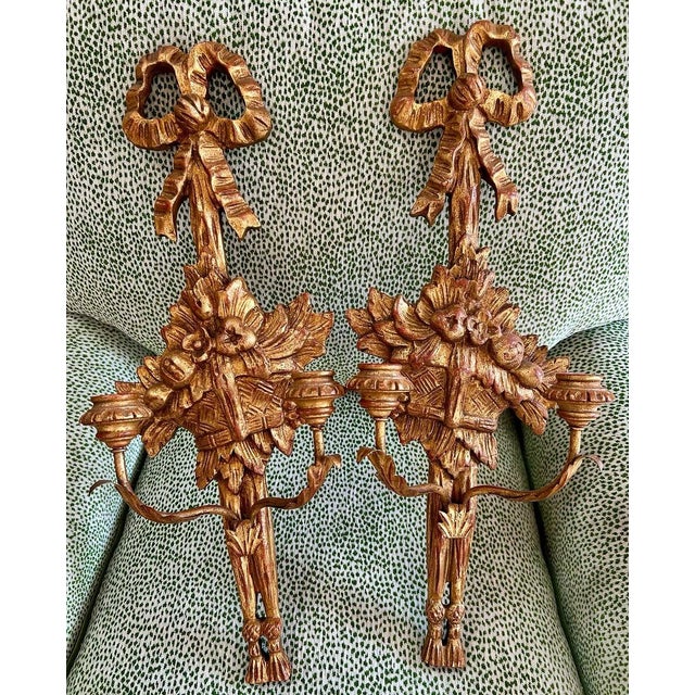 Wood Vintage Italian Giltwood Bow & Tassel Sconces For Sale - Image 7 of 7