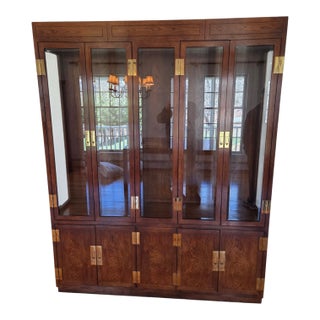 1980s Henredon Scene One Campaign Oak Breakfront China Cabinet Hutch Display Curio For Sale