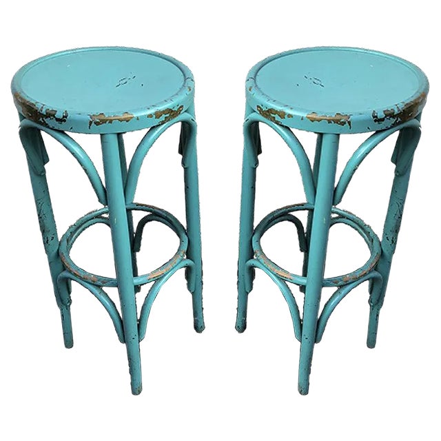 Set of Turquoise Bistro Stools in the Style of Thonet, 1980s For Sale
