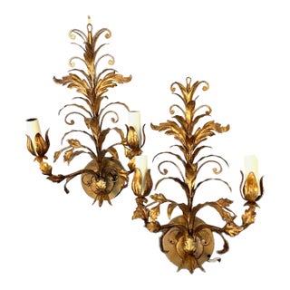 Mid 20th Century Scroll and Leaf Two Light Sconces - a Pair For Sale