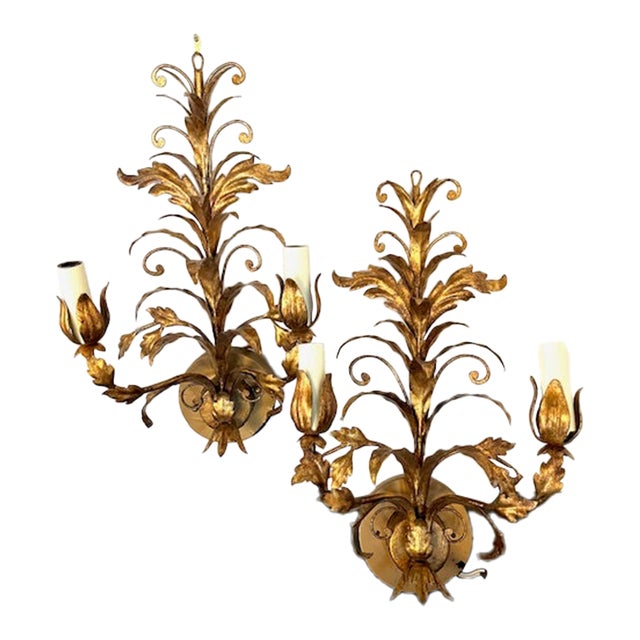 Mid 20th Century Scroll and Leaf Two Light Sconces - a Pair For Sale