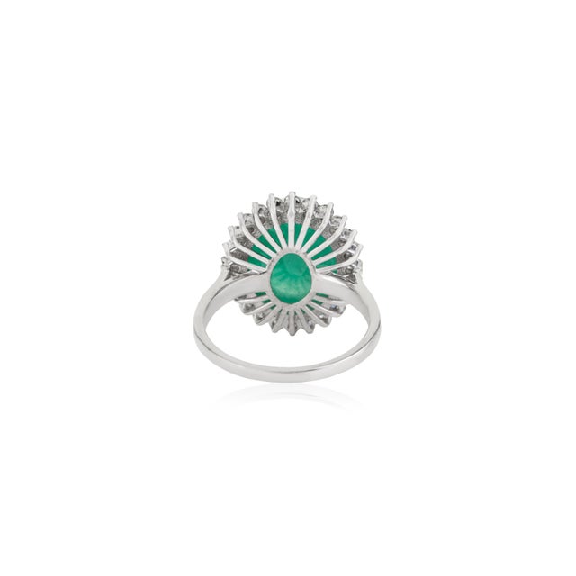 Metal 5.2 Carat Emerald & Halo Diamond Bohemian Cocktail Ring in Silver- Size 7 For Sale - Image 7 of 11