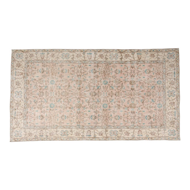 Mid 20th Century Muted Oushak Turkish Rug, Faded Peach and Teal Area Rug For Sale