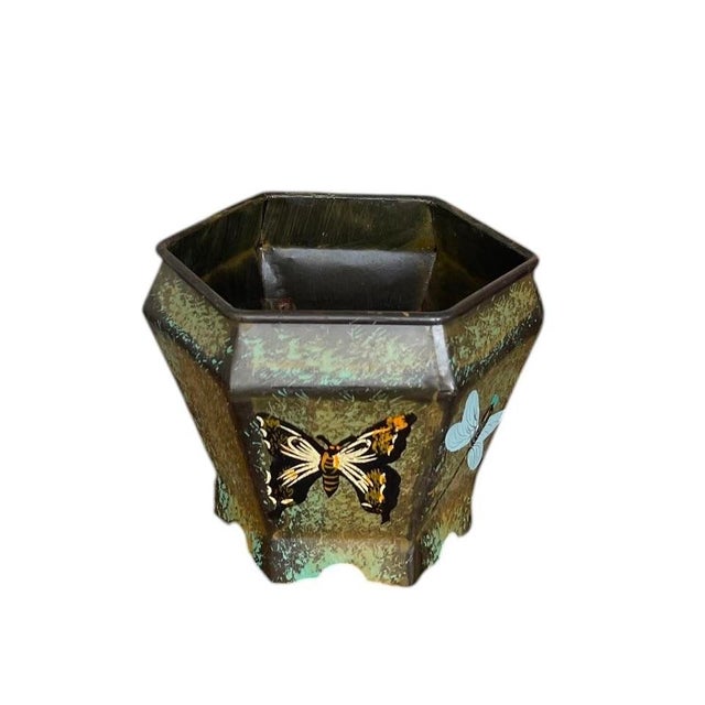 Vintage Hexagonal Verdigris Metal Cachepot With Butterfly and Dragonfly Motif For Sale In West Palm - Image 6 of 12