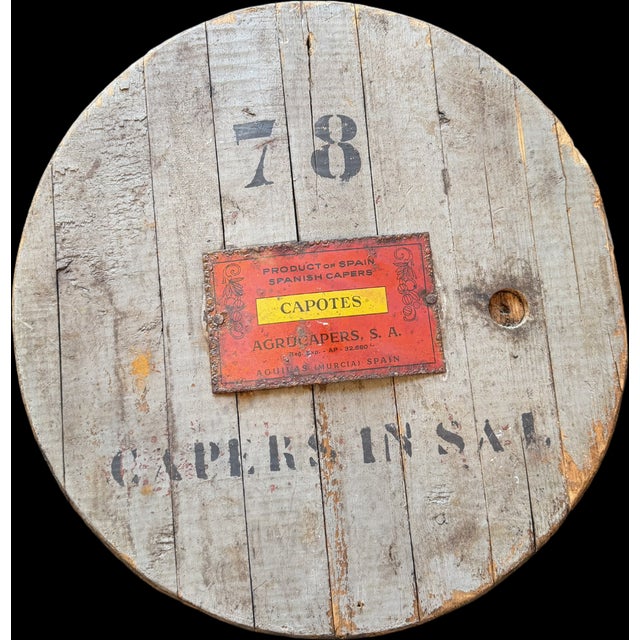 Antique Spanish Capers Barrel Top Sign Rare interesting find from a Los Angeles estate. Soft dove grey weathered barrel...