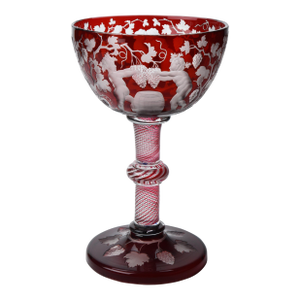 19th Century Cranberry Cut and Engraved Glass Chalice With Twist Knop Stem