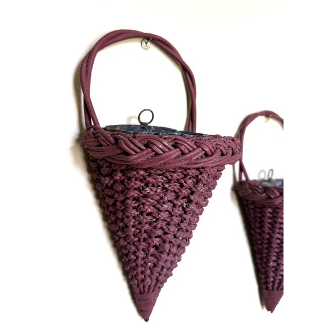 Wood Mid 20th Century Victorian English Burgundy Wicker Conical Shaped Handle Wall Pockets, a Pair For Sale - Image 7 of 11