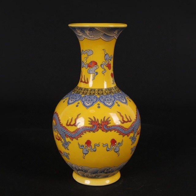 Asian Vintage Imperial Yellow Ground Vase With Dragon Motif For Sale - Image 3 of 8