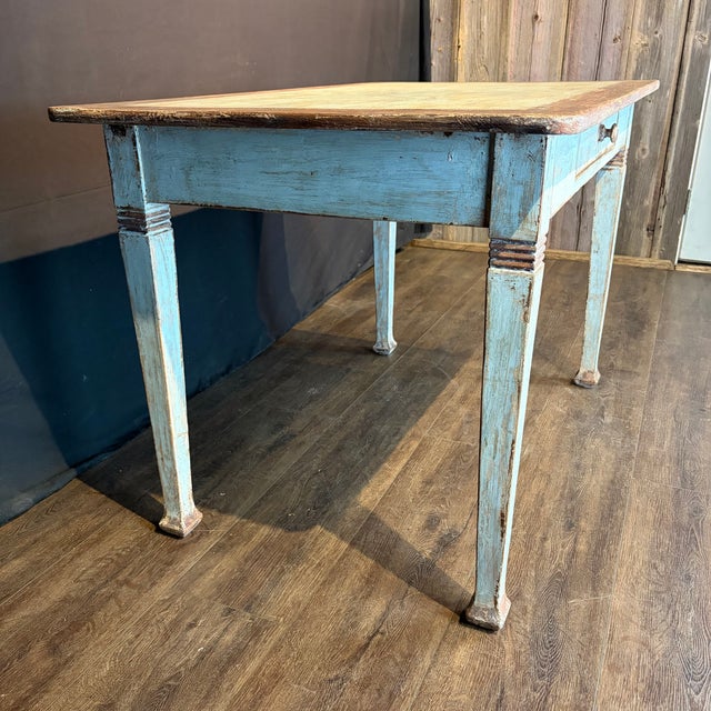 Antique French Provincial Painted Pale Blue Table or Desk With Drawer For Sale - Image 9 of 11