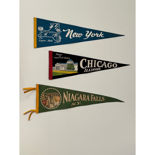 Cornflower Blue Vintage Americana Felt Flag Pennants New York & Chicago Decorative Objects, Set of 3 For Sale - Image 8 of 11