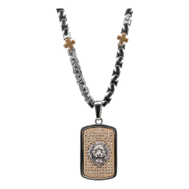 Sterling Silver Lion Pendant Hematite Stone Beaded Men's Necklace For Sale