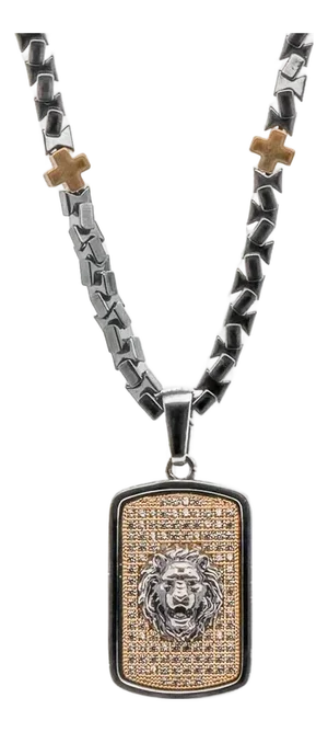 Sterling Silver Lion Pendant Hematite Stone Beaded Men's Necklace