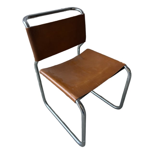 1960s Nicos Zographos "Ch66" Brown Leather and Chrome Side Chair For Sale