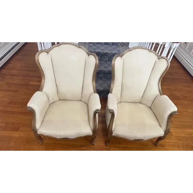 Pair of Early 20th Century Louis XV–Style Wingback Bergère Chairs With Gilt Frames For Sale - Image 13 of 16