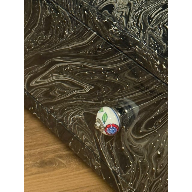 Art Deco MadeGoods Dresser — Hand-Applied Marbled Lacquer, Hand-Painted Ceramic Knobs, Attributed For Sale - Image 3 of 8