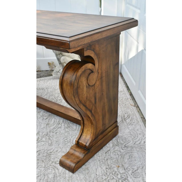 1990s Ethan Allen Teak Table Vintage Wayfarer Console Wood Empire Trestle Sofa Entry For Sale - Image 5 of 12