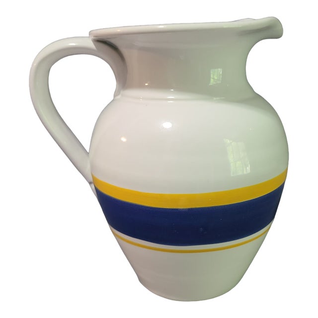 Vintage Made in Italy White Pottery Blue & Yellow Stripes Wine Water Pitcher For Sale