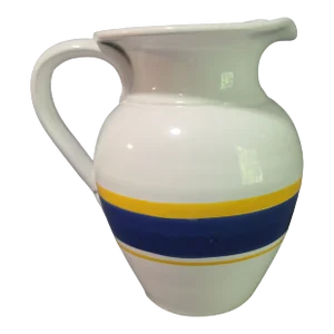 Vintage Made in Italy White Pottery Blue & Yellow Stripes Wine Water Pitcher