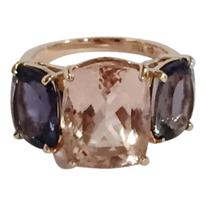 Morganite Iolite Gold Three Stone Cushion Ring