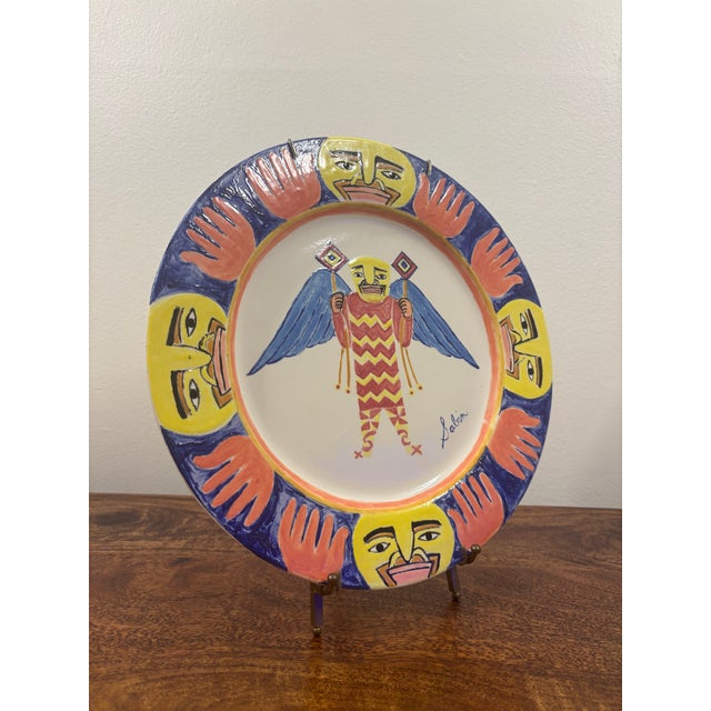 Mark Sabin Signed Winged Figure Hand-Painted Ceramic Plate For Sale - Image 4 of 7