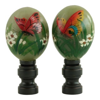 Jade Egg Butterfly & Daisy Lamp Finials - a Pair For Sale