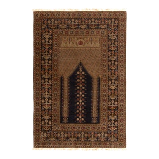 Antique Ghiordes Rug Beige-Brown and Black Geometric Floral Mihrab Pattern For Sale