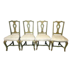 Set of Four Venetian Wood and Green Fabric Chairs