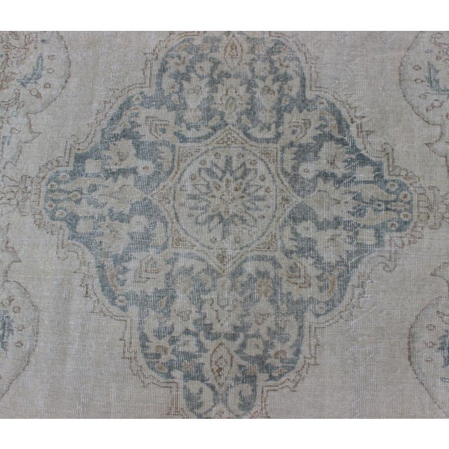 Traditional Medallion Distressed Oushak Turkey in Cream, Blue Tones, Brown and Teal Blue For Sale - Image 3 of 15