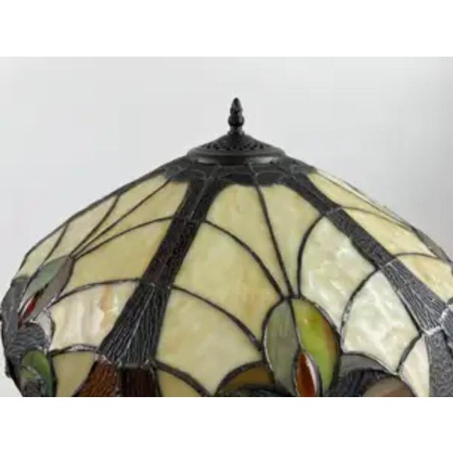 Art Nouveau Tiffany Style Brown & Green Stained Glass Table Lamp, a Pair For Sale - Image 11 of 12
