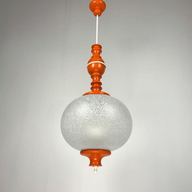 Metal Large Mid-Century Modern Speckled Murano Glass Orange Pendant Lamp, 1970s For Sale - Image 7 of 7