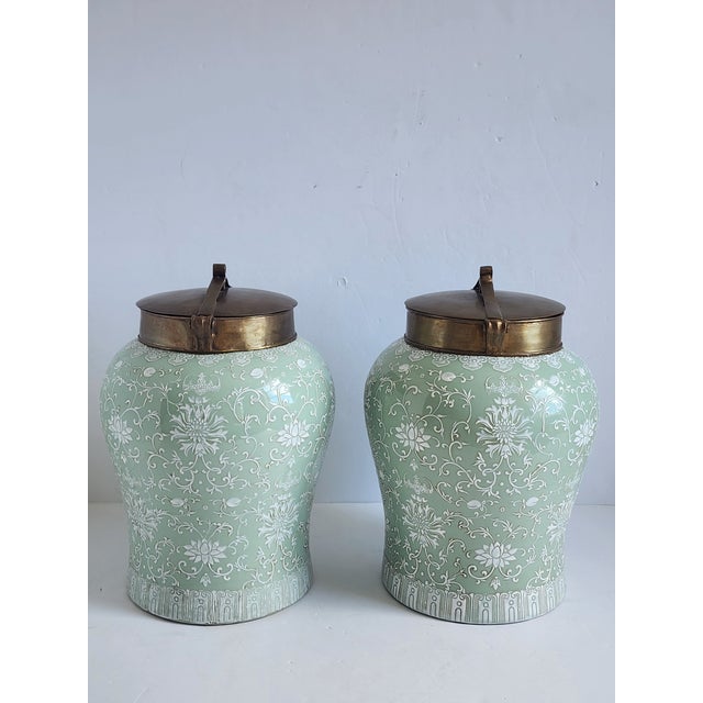 Chinoiserie Lilian August Large Celadon Ginger Jar-a Pair For Sale - Image 3 of 12