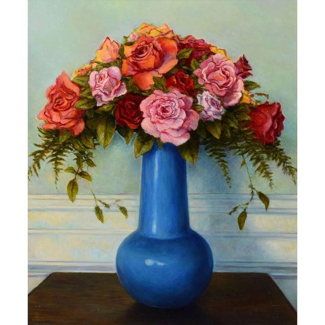 Dirk Foslien "Roses" oil on board. This Dirk Foslien painting comes framed as shown. Dimensions 24″H x 20″W (image); 31″H...
