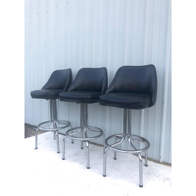 Mid Century Modern Black Vinyl Swivel Bar Stools Set of 3 Chairish